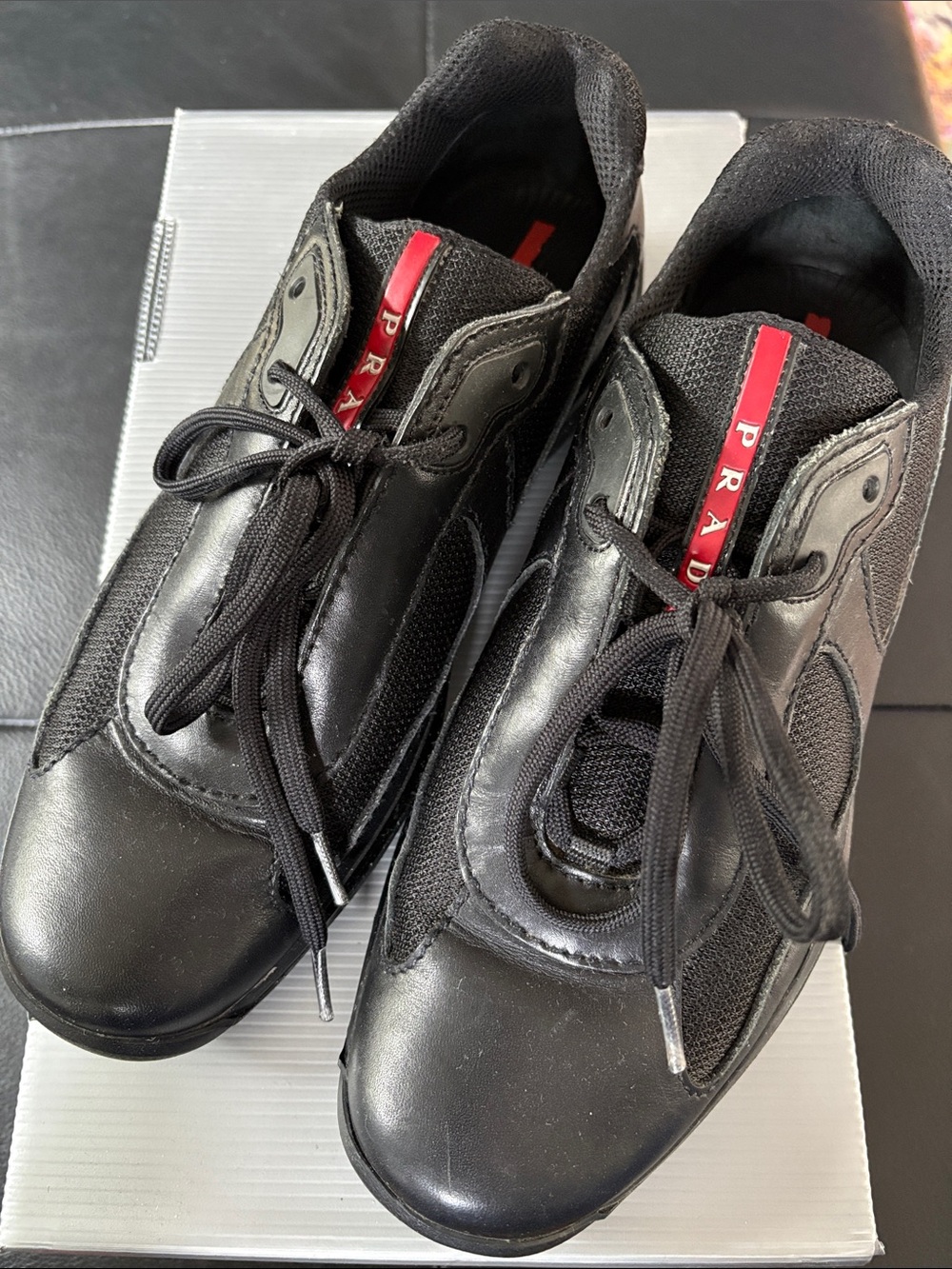 Prada Men’s Black Sneakers with Red Logo Stripe- Size 8.5